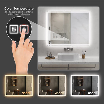 Modern LED Smart Mirror – Rectangular, Front & Back Lit, 3-Color Adjustable with Anti-Fog, Memory Function, and Time Mode Control