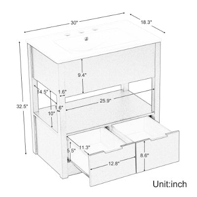 30 Bathroom Vanity With Sink Top, Bathroom Cabinet With Open Storage Shelf And Two Drawers, One Package, Natural