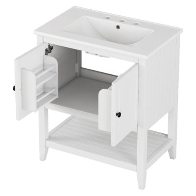 30 Modern Sleek Bathroom Vanity Elegant Ceramic Sink With Solid Wood Frame Open Style Shelf  Door Shelf Design