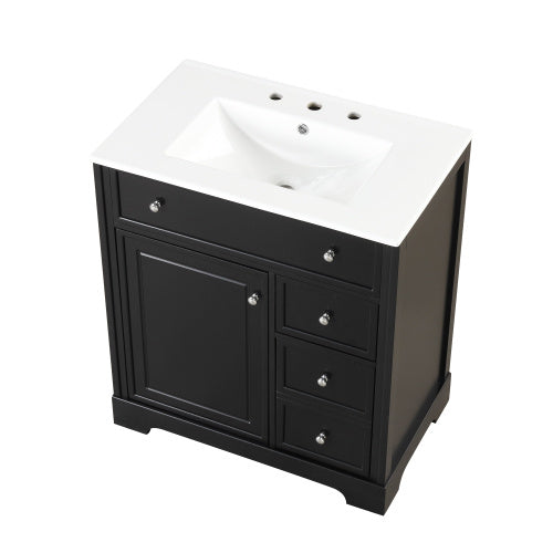 30  Bathroom Vanity With Sink Top, Bathroom Vanity Cabinet With Door And Two Drawers, MDF Boards, Solid Wood, One Package, Black