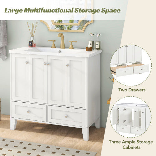 36'' Bathroom Vanity with Resin Sink Combo – Freestanding Solid Wood Frame Storage Cabinet with 4 Soft Closing Doors & 2 Drawers (White)