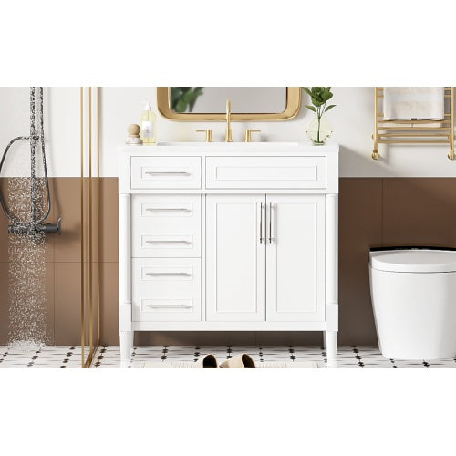36'' Bathroom Vanity With Top Resin Sink, Freestanding Bathroom Storage Cabinet With 2 Drawers And A Tip-out Drawer, Solid Wood Frame Vanity Set, Height Adjustable Shelf