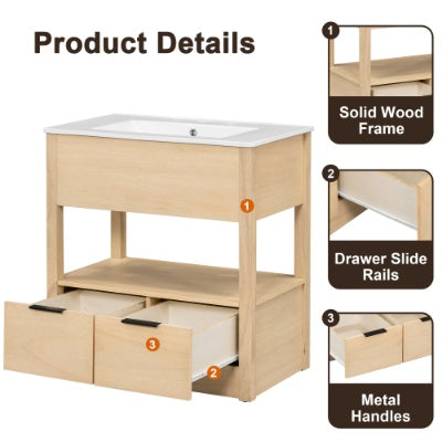 30 Bathroom Vanity With Sink Top, Bathroom Cabinet With Open Storage Shelf And Two Drawers, One Package, Natural