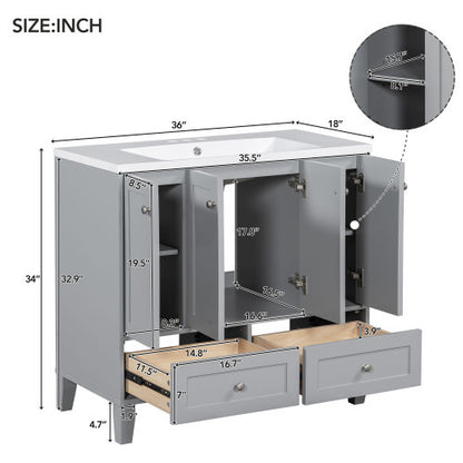 36'' Bathroom Vanity with Resin Sink Combo – Freestanding Solid Wood Frame Vanity Set with 4 Soft Closing Doors & 2 Drawers