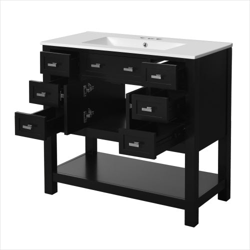36" Black Bathroom Vanity with Top Sink – Modern Storage Cabinet with 2 Soft Closing Doors & 6 Drawers, Single Sink Vanity