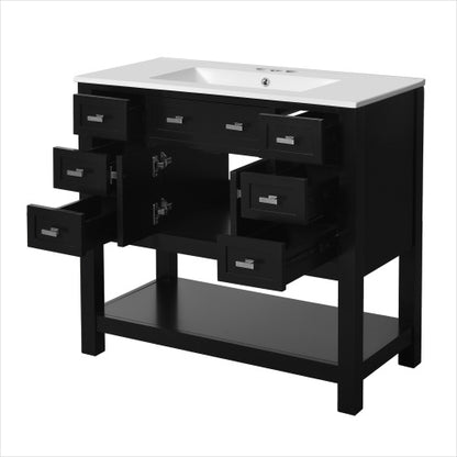 36" Black Bathroom Vanity with Top Sink – Modern Storage Cabinet with 2 Soft Closing Doors & 6 Drawers, Single Sink Vanity