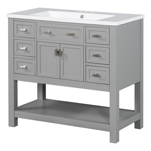 36'' Bathroom Vanity With Top Sink, Modern Mirror Cabinet With Towels Bar, Bathroom Storage Cabinet With 2 Soft Closing Doors And 6 Drawers, Single Sink Bathroom Vanity