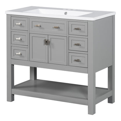 36'' Bathroom Vanity With Top Sink, Modern Mirror Cabinet With Towels Bar, Bathroom Storage Cabinet With 2 Soft Closing Doors And 6 Drawers, Single Sink Bathroom Vanity