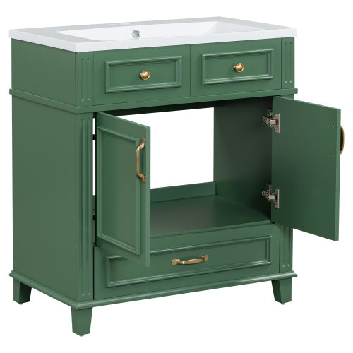 30'' Bathroom Vanity with Resin Sink – Solid Wood Frame, Soft Closing Doors, Retro Style, Green