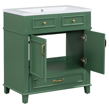 30'' Bathroom Vanity with Resin Sink – Solid Wood Frame, Soft Closing Doors, Retro Style, Green