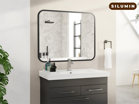 Black Bathroom Wall Mirror – Rectangle Vanity Mirror with Round Corners, Shatterproof Glass, Anti-Rust Aluminum Frame, Seamless Design