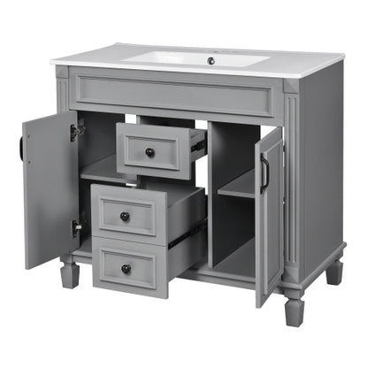 36'' Bathroom Vanity with Top Sink – Modern Storage Cabinet with 2 Soft-Closing Doors & 2 Drawers, Single Sink Vanity (Grey)
