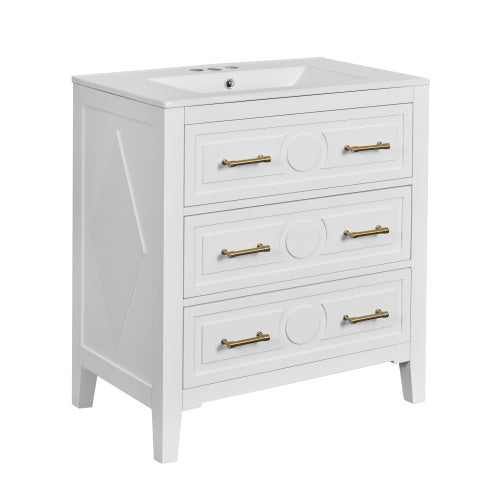 30'' Bathroom Vanity With Ceramic Sink Combo, Free Standing Single Vanity Set With 3 Drawers, Solid Wood Frame Bathroom Storage Cabinet, White