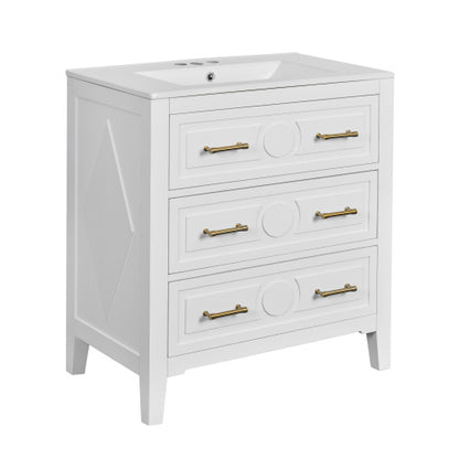 30'' Bathroom Vanity With Ceramic Sink Combo, Free Standing Single Vanity Set With 3 Drawers, Solid Wood Frame Bathroom Storage Cabinet, White