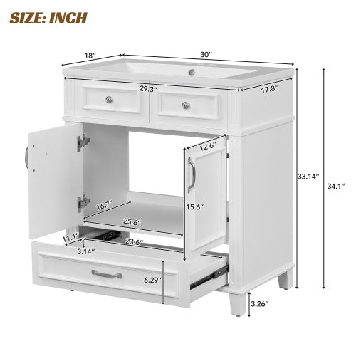 30'' Bathroom Vanity with Resin Sink – Solid Wood Frame, Soft Closing Doors, Retro Style, White