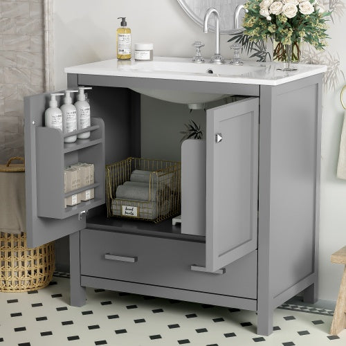 30" Gray Bathroom Vanity – Under-Mount Sink, Soft Closing Doors & Multifunctional Storage