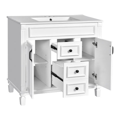 36'' Bathroom Vanity with Top Sink – Modern Storage Cabinet with 2 Soft-Closing Doors & 2 Drawers, Single Sink Vanity (White)