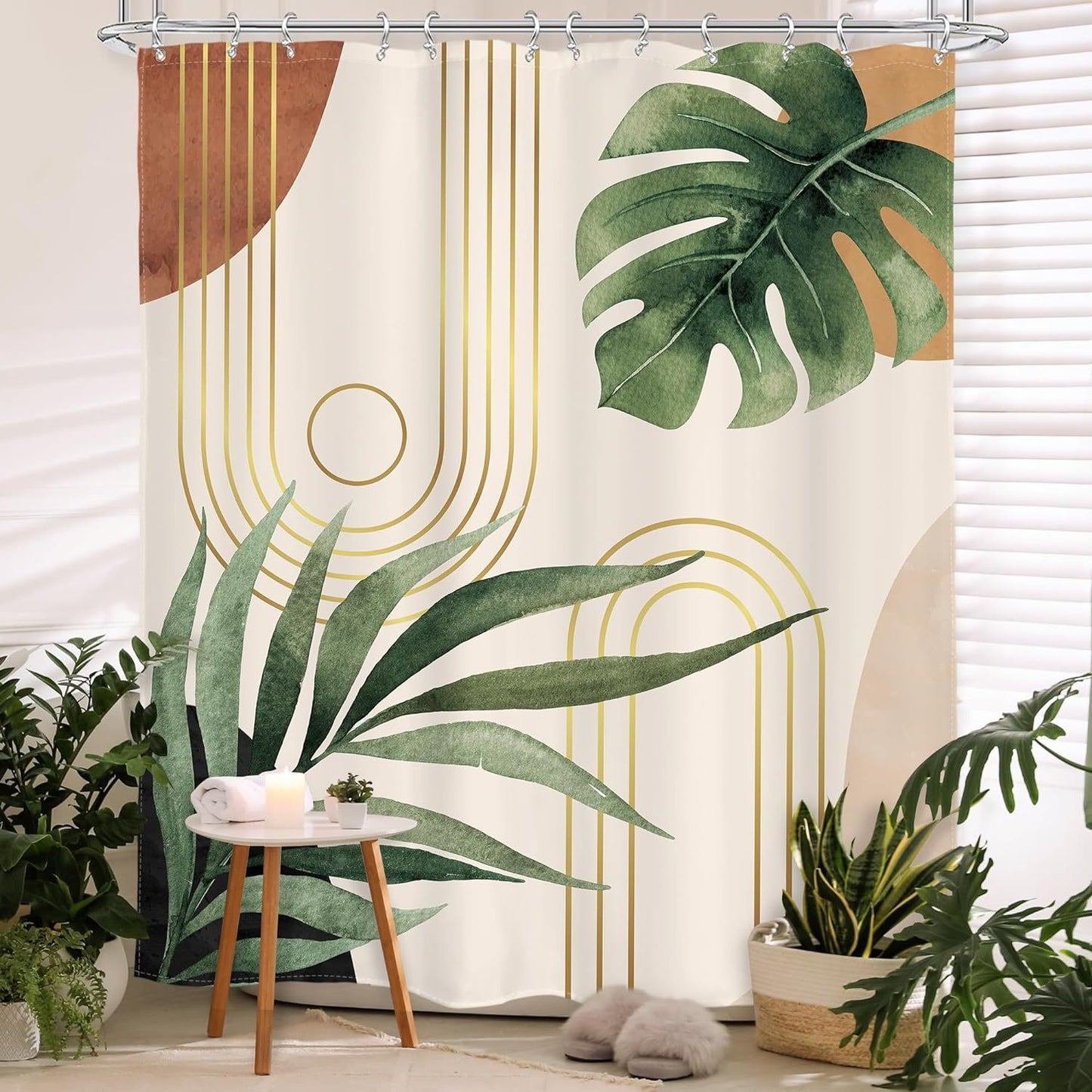 Geometric Waterproof Shower Curtain – Mildew-Resistant Polyester with Tassel Detail