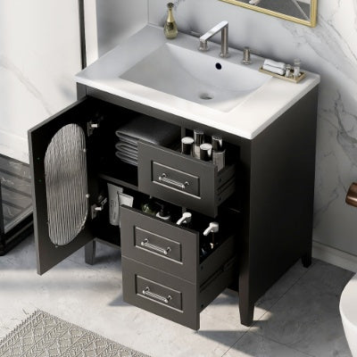 30 Bathroom Vanity With Sink, Bathroom Vanity Cabinet With Two Drawers And Door, Adjustable Shelf, Solid Wood And MDF, Bla
