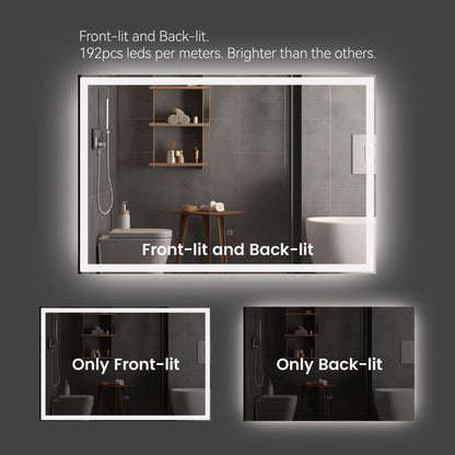 Modern LED Smart Mirror – Rectangular, Front & Back Lit, 3-Color Adjustable with Anti-Fog, Memory Function, and Time Mode Control