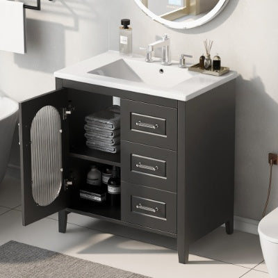 30 Bathroom Vanity With Sink, Bathroom Vanity Cabinet With Two Drawers And Door, Adjustable Shelf, Solid Wood And MDF, Bla
