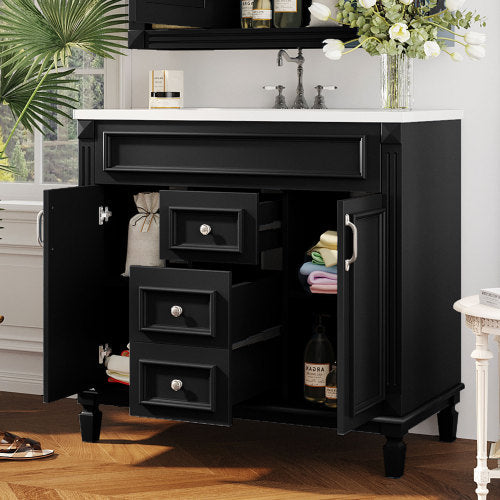 36'' Bathroom Vanity with Top Sink – Modern Storage Cabinet with 2 Soft-Closing Doors & 2 Drawers, Single Sink Vanity (Black)