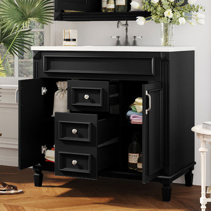 36'' Bathroom Vanity with Top Sink – Modern Storage Cabinet with 2 Soft-Closing Doors & 2 Drawers, Single Sink Vanity (Black)