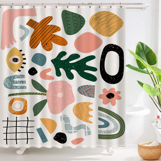Art Geometric Waterproof Shower Curtain – Polyester with Copper Buttonholes and Resin Rings