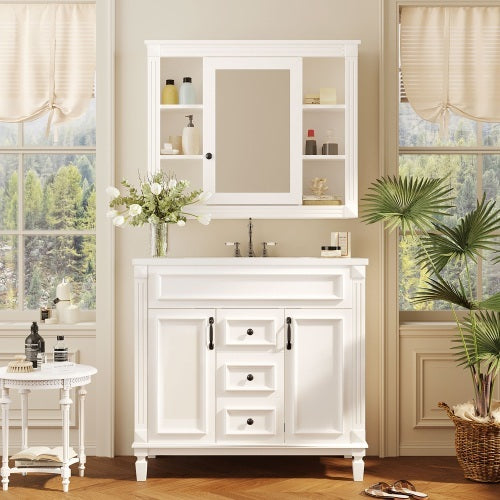 36'' Bathroom Vanity with Top Sink – Royal Blue Mirror Cabinet, Modern Storage with 2 Soft-Closing Doors & Drawers, Single Sink Vanity
