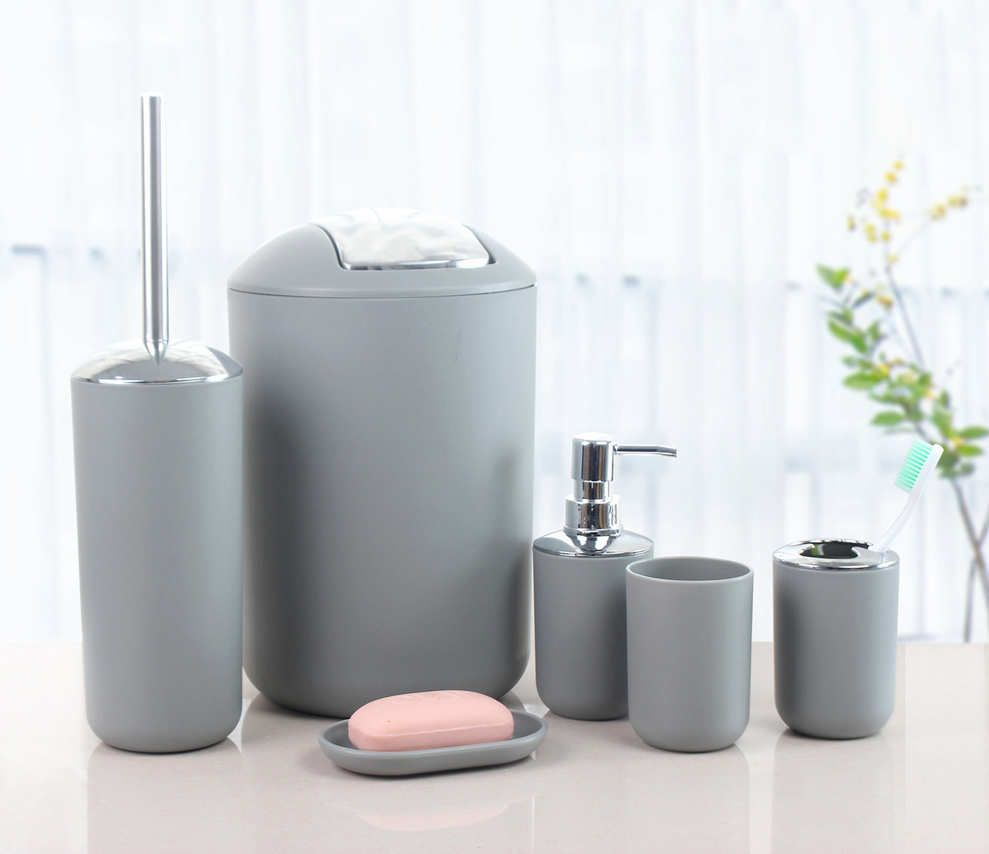 Six-Piece Plastic Bathroom Set – Functional Essentials for Everyday Use