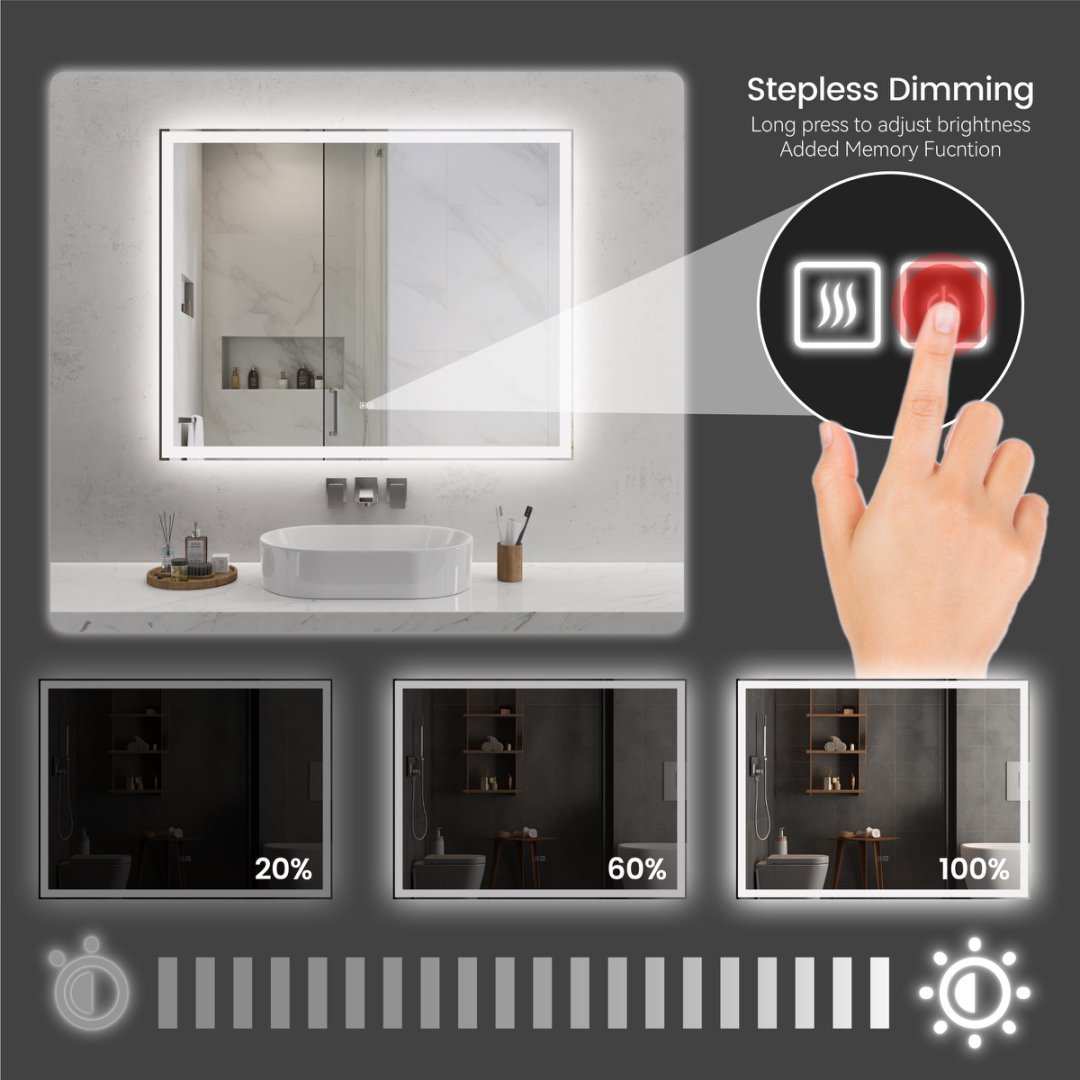 Modern LED Smart Mirror – Rectangular, Front & Back Lit, 3-Color Adjustable with Anti-Fog, Memory Function, and Time Mode Control