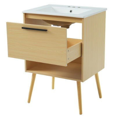 24 Bathroom Vanity With Sink Combo, Multi-functional Bathroom Cabinet With Drawer, MDF Board, Natural