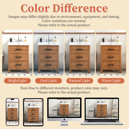 24'' Bathroom Vanity with Ceramic Basin Sink – Freestanding, Modern Storage Cabinet with 3 Drawers