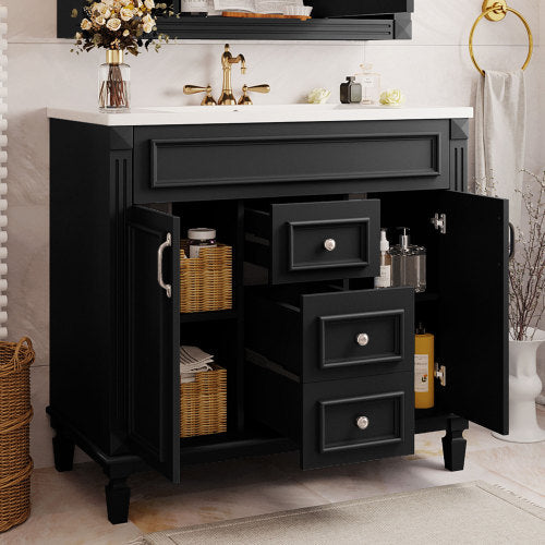 36'' Bathroom Vanity with Top Sink – Modern Storage Cabinet with 2 Soft-Closing Doors & 2 Drawers, Single Sink Vanity (Black)