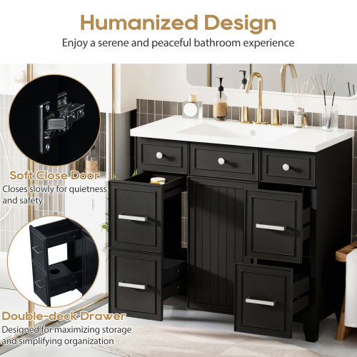 36" Bathroom Vanity Cabinet with Sink Top Combo Set – Black Shaker Design with Soft Closing Doors and 3 Drawers