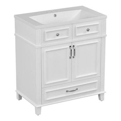 30'' Bathroom Vanity with Resin Sink – Solid Wood Frame, Soft Closing Doors, Retro Style, White