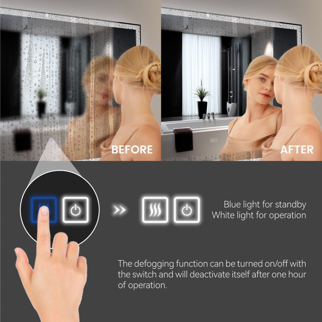Modern LED Smart Mirror with Hidden Light – Front & Back Lit, 3-Color Adjustable, Anti-Fog, Memory Function, Time Mode Control