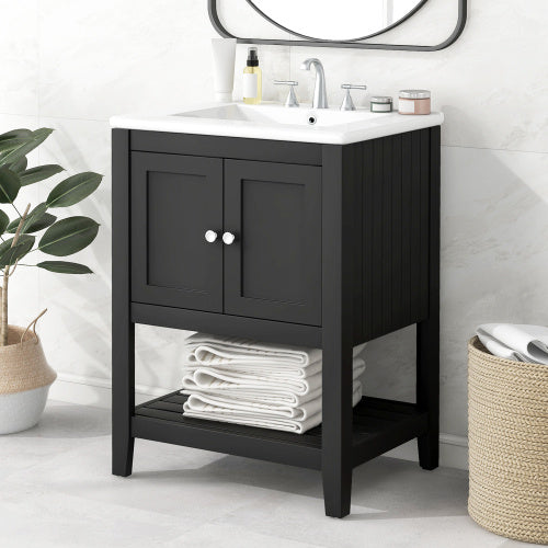 24 White Modern Sleek Bathroom Vanity Elegant Ceramic Sink With Solid Wood Frame Open Style Shelf