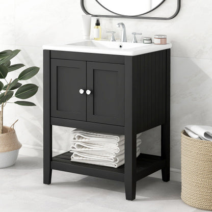 24 White Modern Sleek Bathroom Vanity Elegant Ceramic Sink With Solid Wood Frame Open Style Shelf
