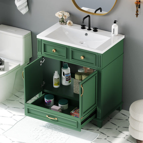 30'' Bathroom Vanity with Resin Sink – Solid Wood Frame, Soft Closing Doors, Retro Style, Green