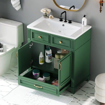 30'' Bathroom Vanity with Resin Sink – Solid Wood Frame, Soft Closing Doors, Retro Style, Green