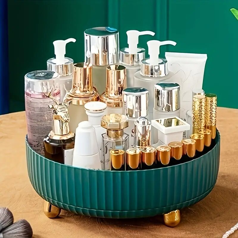 Rotating Plastic Cosmetic Storage Box – Modern Simplicity with Striped Design