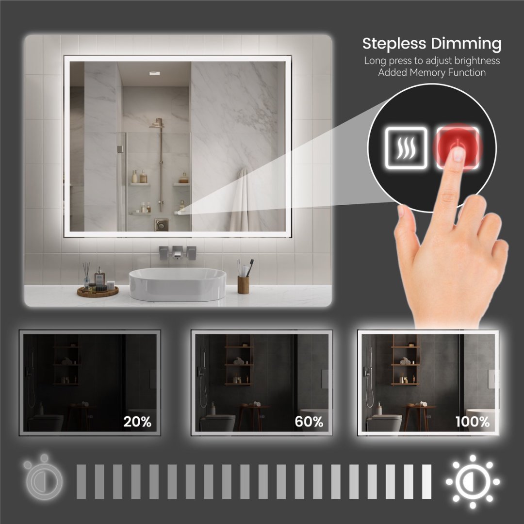 Modern LED Smart Mirror with Hidden Light – Front & Back Lit, 3-Color Adjustable, Anti-Fog, Memory Function, Time Mode Control
