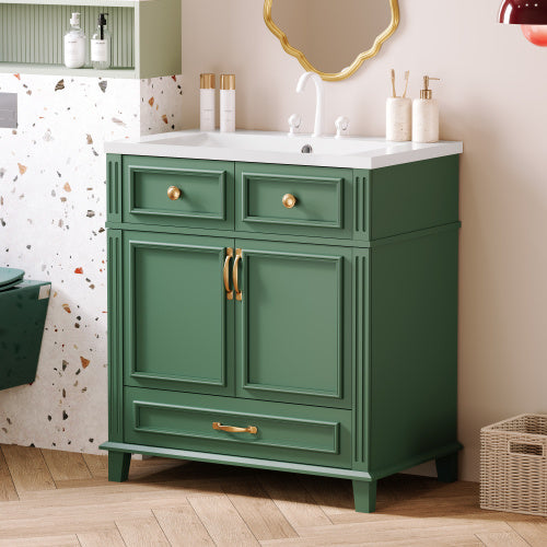 30'' Bathroom Vanity with Resin Sink – Solid Wood Frame, Soft Closing Doors, Retro Style, Green