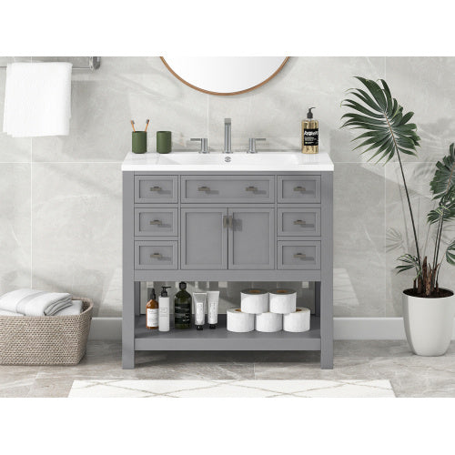 36   Bathroom Vanity With Top Sink, Modern Bathroom Storage Cabinet With 2 Soft Closing Doors And 6 Drawers, Single Sink Bathroom Vanity