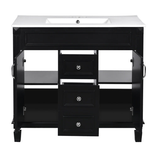 36'' Bathroom Vanity with Top Sink – Modern Storage Cabinet with 2 Soft-Closing Doors & 2 Drawers, Single Sink Vanity (Black)