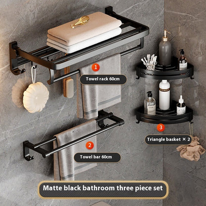 Matte Black Bathroom Storage Rack Set – Alloy, Rust-Resistant, Nail-Free Installation
