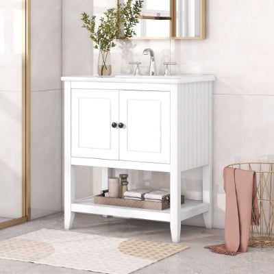 30 Modern Sleek Bathroom Vanity Elegant Ceramic Sink With Solid Wood Frame Open Style Shelf  Door Shelf Design