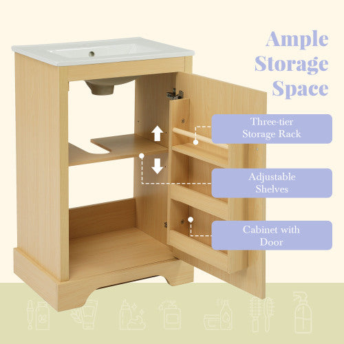 20  Bathroom Vanity With Sink, Bathroom Cabinet With Soft Closing Door, Storage Rack And Adjustable Shelve, Natural Wood