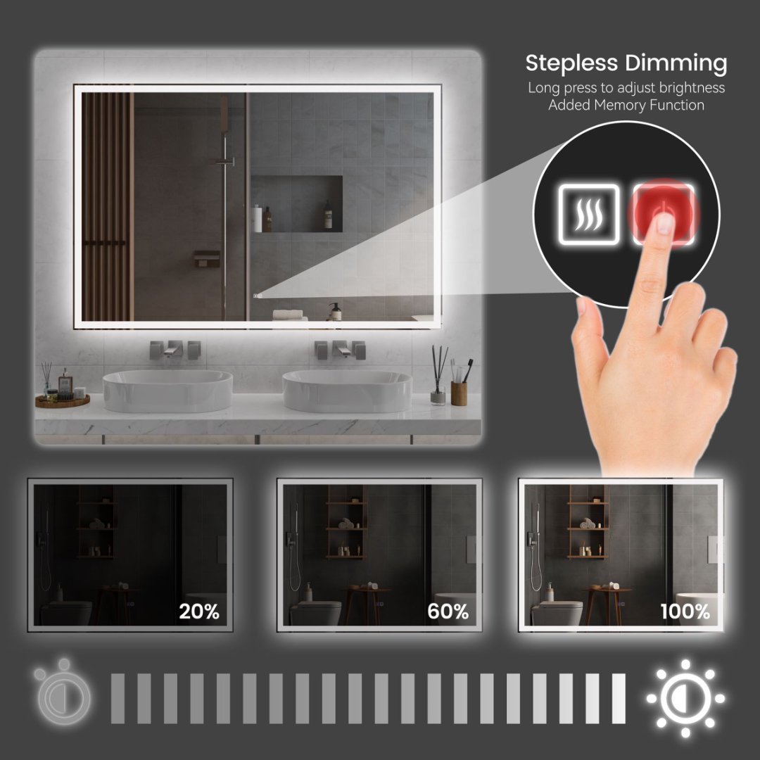 Modern LED Smart Mirror – Front & Back Lit, 3-Color Adjustable, Anti-Fog, Memory Function, Time Mode Control